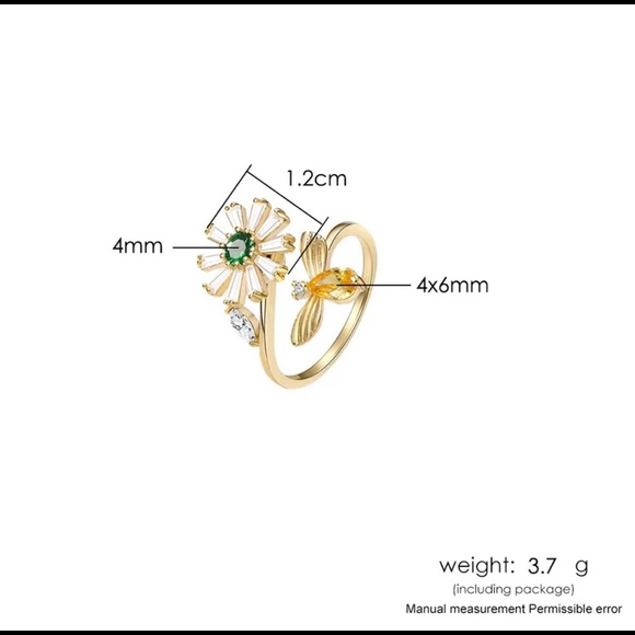 Fancy Fidget Spinner Rotating Daisy & Bee Crystal Yellow Gold Ring Adjustable OS - Picture 4 of 7